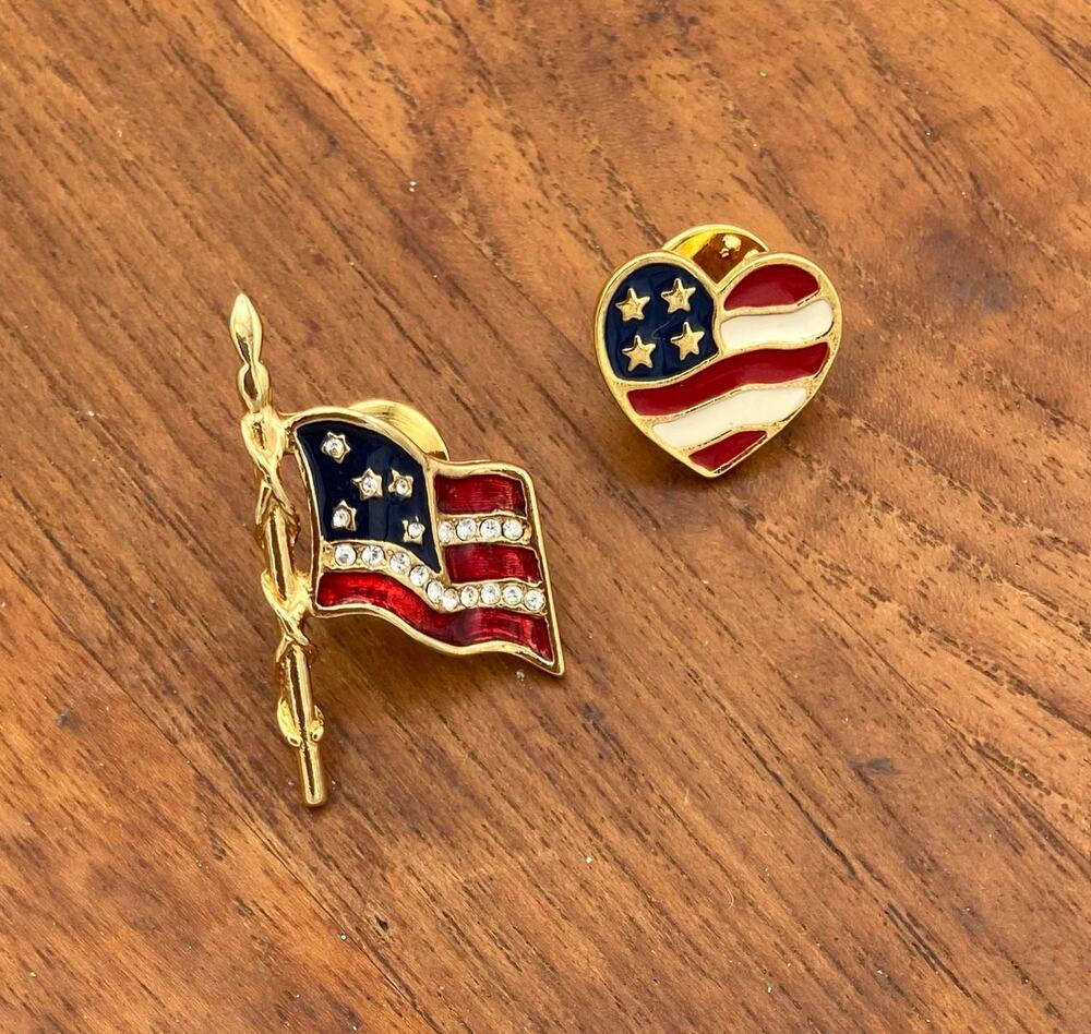 Vintage Patriotic Pins Lot of 2 Carolee USA Flag & Avon Heart with Stars Stripes